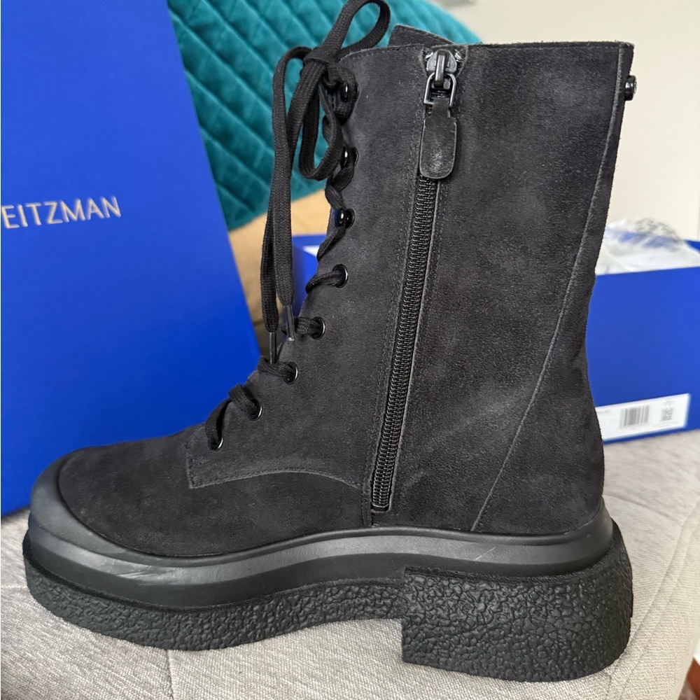 Stuart Weitzman Black Charli Suede Combat Lace-up Sportlift Boots - Picture 9 of 17